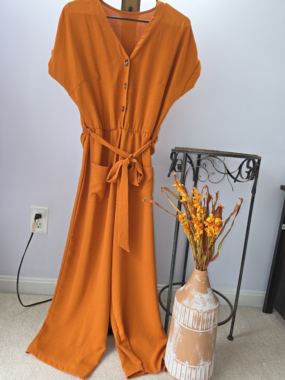 #2638, Rust orange short sleeve belted Jumpsuit size petite L nwt